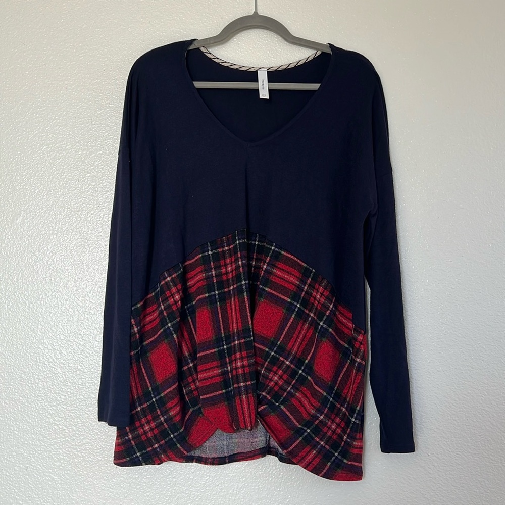 Navy and plaid twist front top, size large